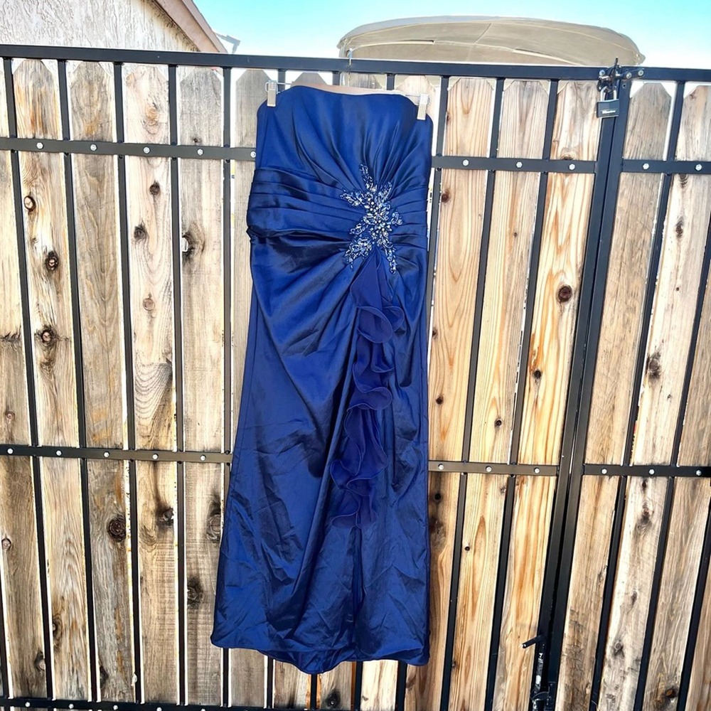CAMERON BLAKE BY MON CHERI Blue Strapless Ruched Ruffle Maxi Gown W/ Beading